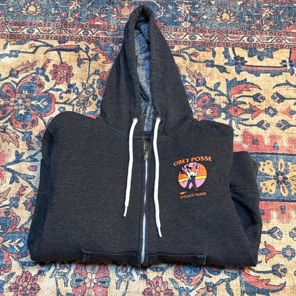 Obey Black Zip-Up Hoodie with Yellow & Pink Graphic